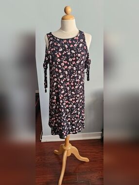 Sanctuary Black Mini Dress with Pink and White Floral Print and Tie Sleeves